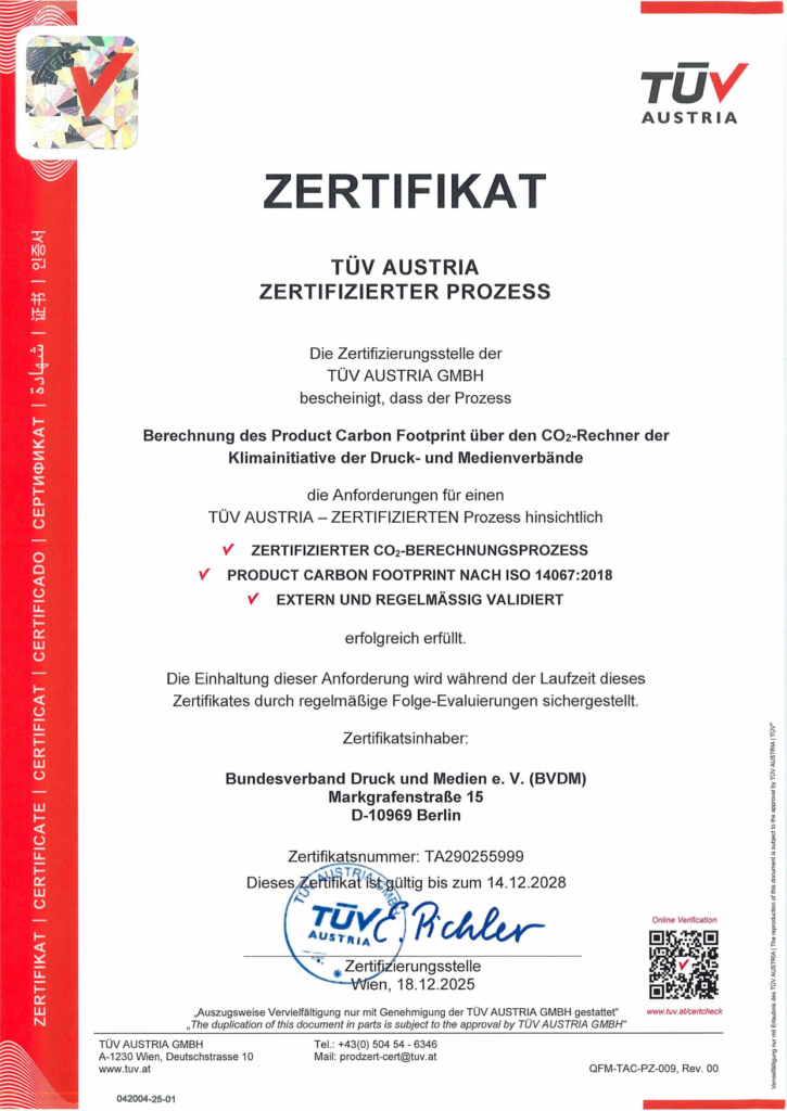 Urkunde TÜV-Zertifizierung Product Carbon Footprints (PCF)